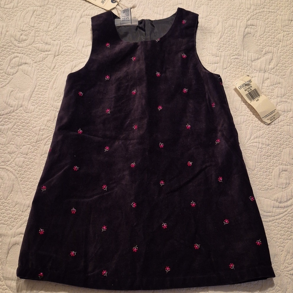 Vintage Oshkosh B'Gosh girls black embroidered lined pinnafore size 4/4T NEW 90'